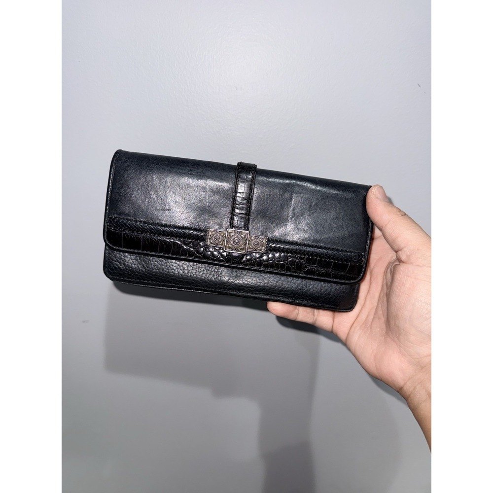 Brighton Croc Embossed Black Leather Trifold Organizer Wallet Checkbook Clutch L
